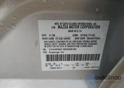 2008 Mazda 6 I from USA, damaged, VIN 1YVHP80C185M28160